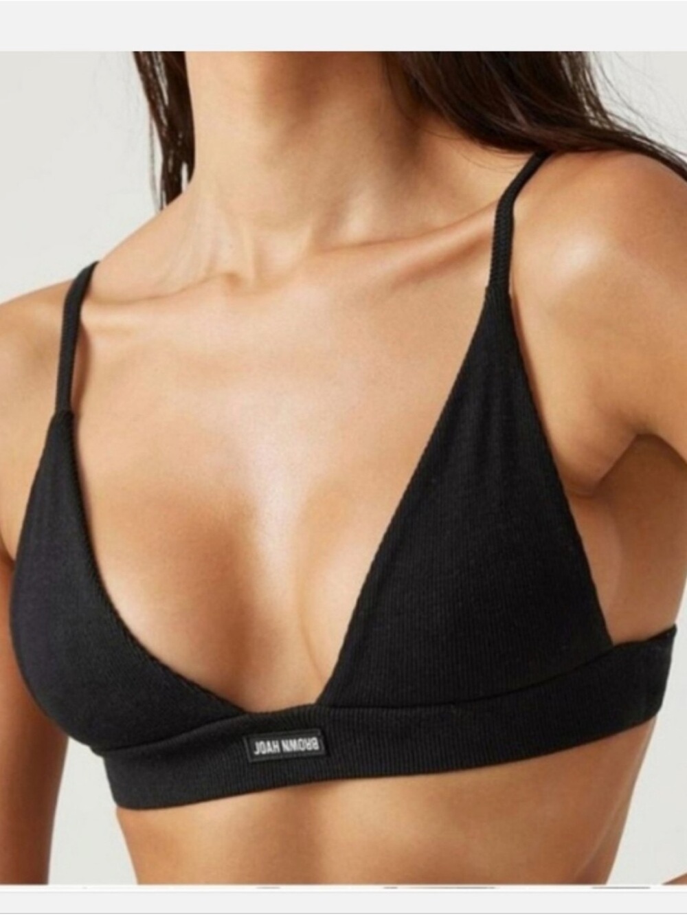 Joah Brown Black Ribbed Triangle Bralette with Thin Straps - Picture 7 of 8